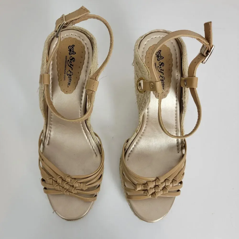 Self Esteem Womens Sandals Size 9 Brown Cork Strap Slingback Wedge Heels
